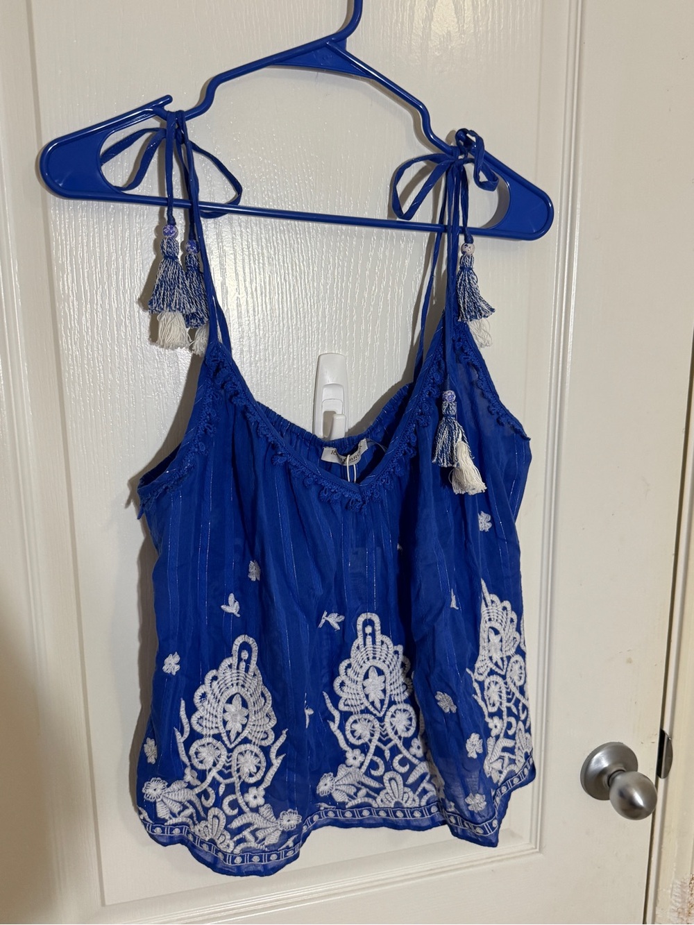 Ramy Brook Blue White Embroidered Tassel Tie Shoulder Blouse L Resort Boho $229